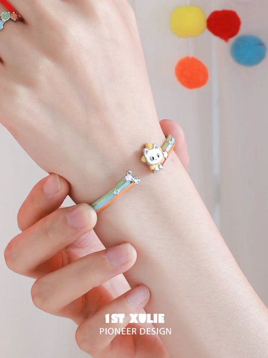 1ST XULIE Jewelry "RAINBOW CAT" Enamel Cat Open Bangle - Detail Shot