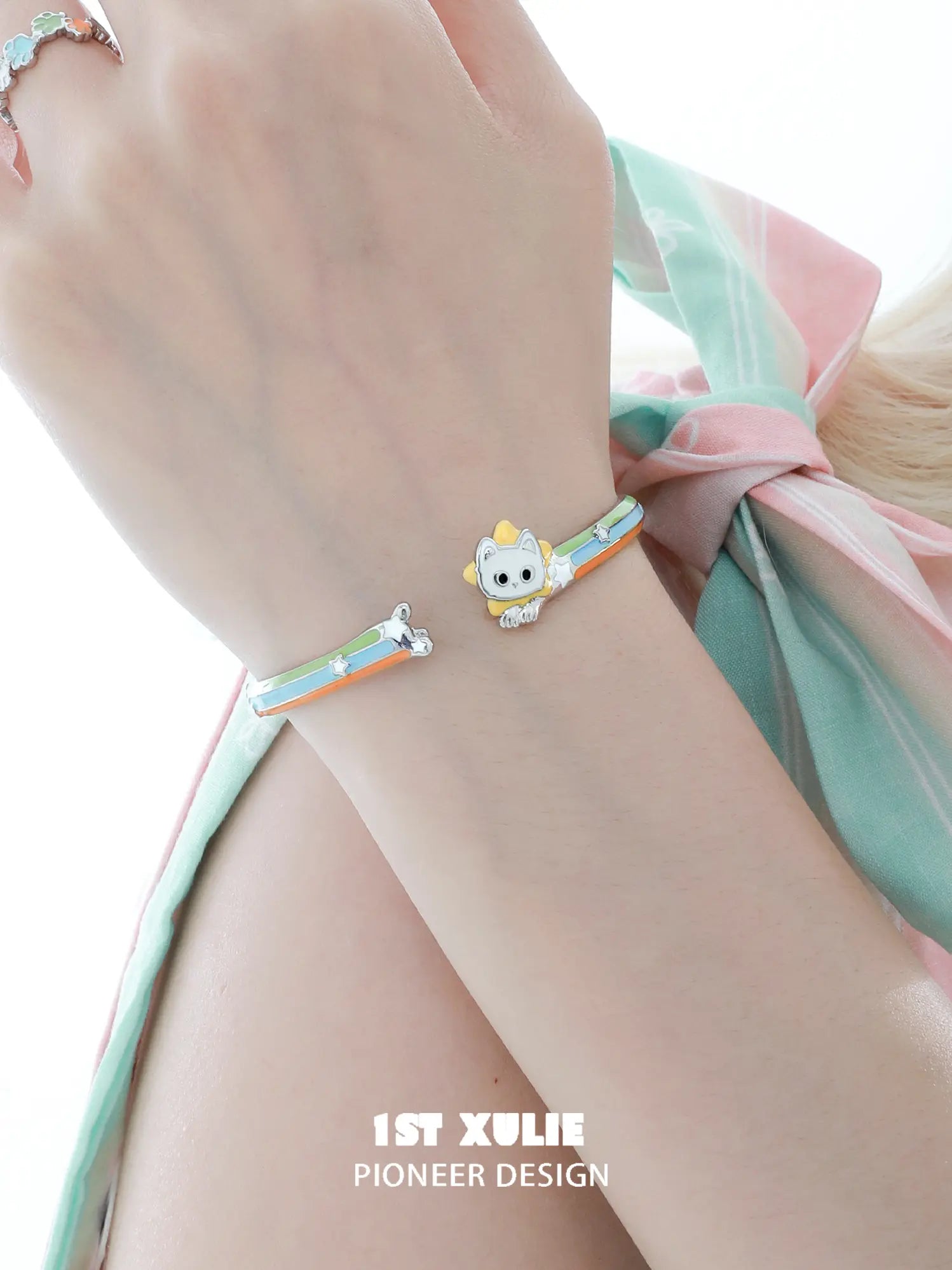 1ST XULIE Jewelry "RAINBOW CAT" Enamel Cat Open Bangle - Lifestyle Shot