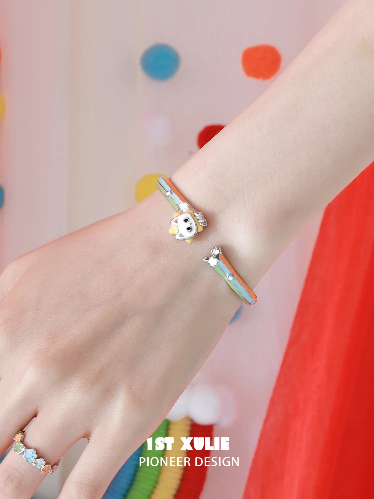 1ST XULIE Jewelry "RAINBOW CAT" Enamel Cat Open Bangle - Side View