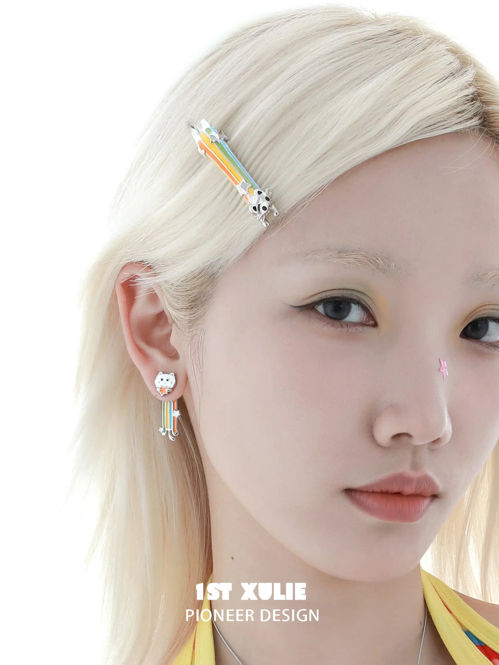 1ST XULIE Jewelry "RAINBOW CAT" Enamel Rainbow Cat Paw Convertible Drop Stud Earrings in Platinum Plated - Angle 1