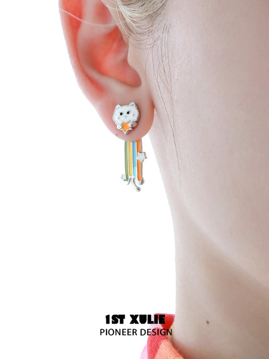 1ST XULIE Jewelry "RAINBOW CAT" Enamel Rainbow Cat Paw Convertible Drop Stud Earrings in Platinum Plated - Angle 2