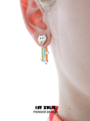 1ST XULIE Jewelry "RAINBOW CAT" Enamel Rainbow Cat Paw Convertible Drop Stud Earrings in Platinum Plated - Angle 2