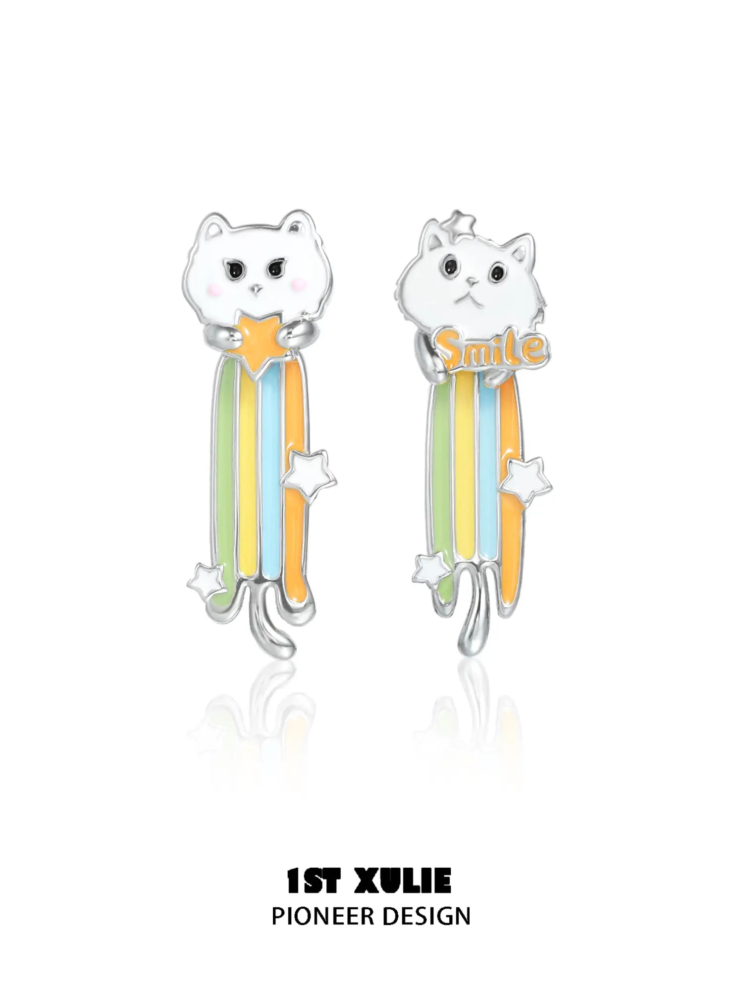 1ST XULIE Jewelry "RAINBOW CAT" Enamel Rainbow Cat Paw Convertible Drop Stud Earrings in Platinum Plated - Back View