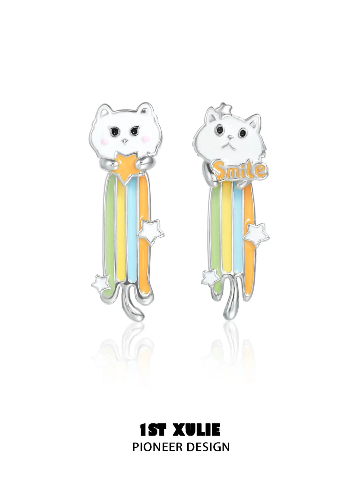 1ST XULIE Jewelry "RAINBOW CAT" Enamel Rainbow Cat Paw Convertible Drop Stud Earrings in Platinum Plated - Back View