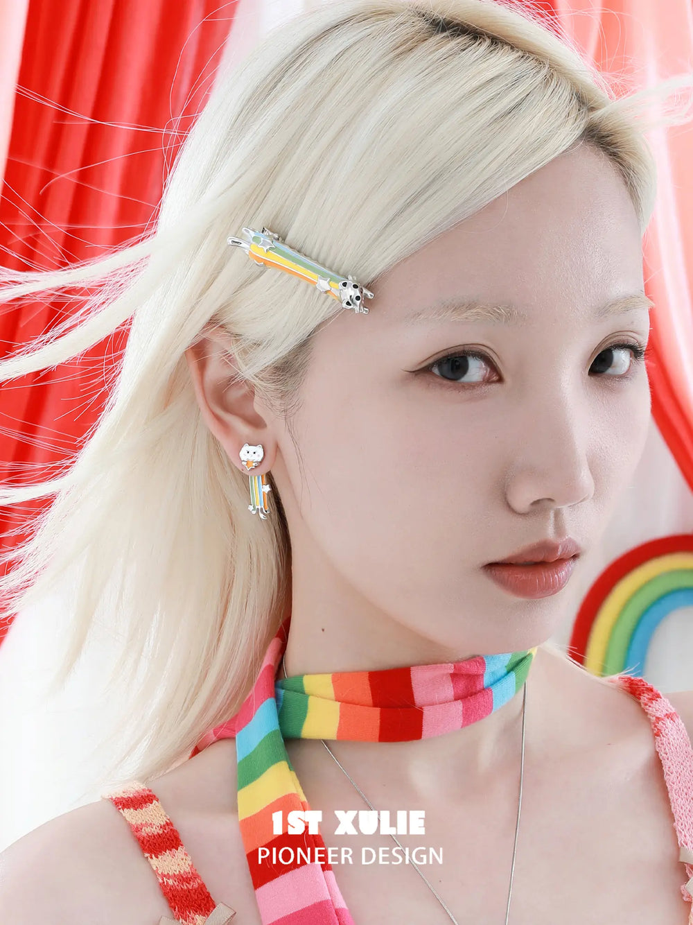 1ST XULIE Jewelry "RAINBOW CAT" Enamel Rainbow Cat Paw Convertible Drop Stud Earrings in Platinum Plated - Product View