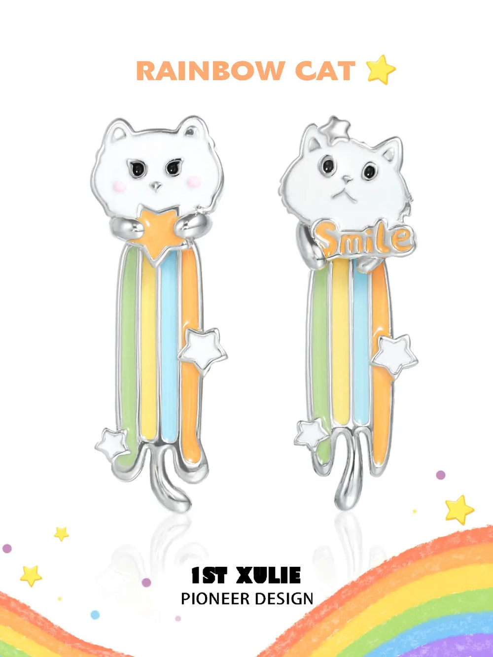 1ST XULIE Jewelry "RAINBOW CAT" Enamel Rainbow Cat Paw Convertible Drop Stud Earrings in Platinum Plated - Packaging View