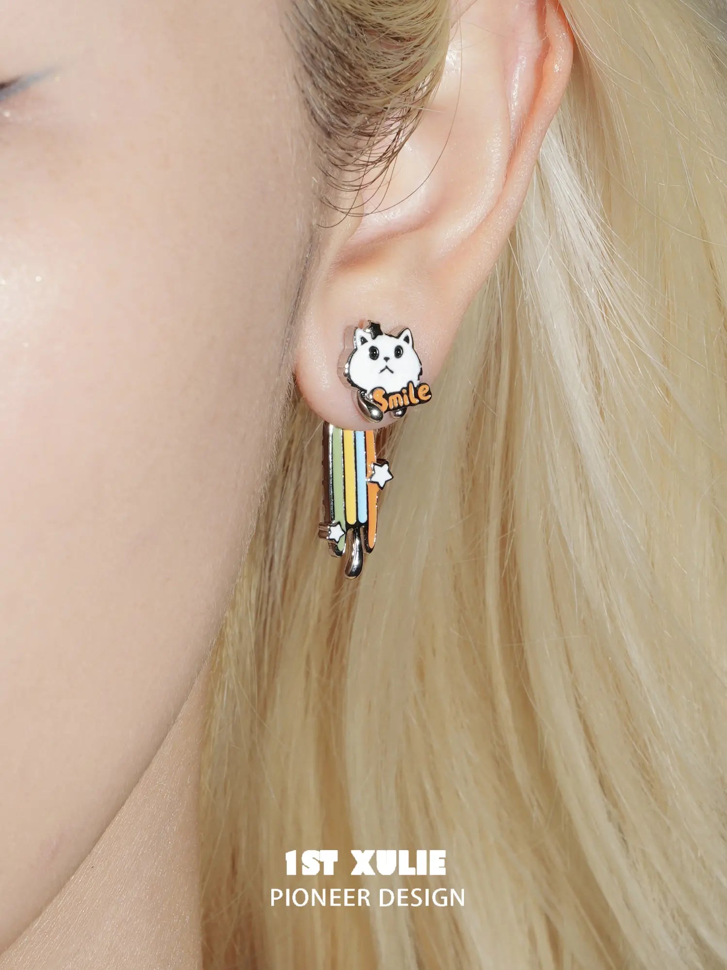 1ST XULIE Jewelry "RAINBOW CAT" Enamel Rainbow Cat Paw Convertible Drop Stud Earrings in Platinum Plated - Side View