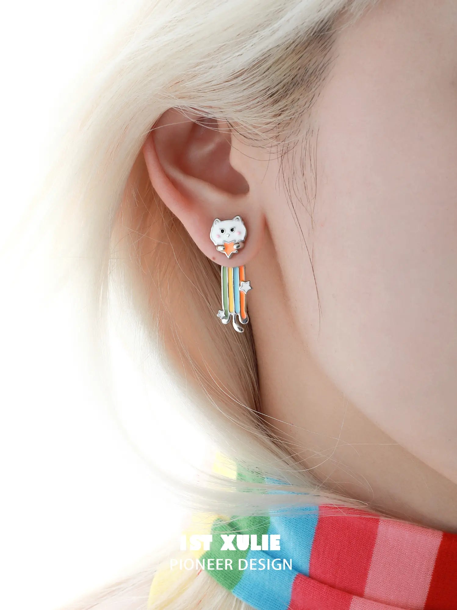 1ST XULIE Jewelry "RAINBOW CAT" Enamel Rainbow Cat Paw Convertible Drop Stud Earrings in Platinum Plated - Texture