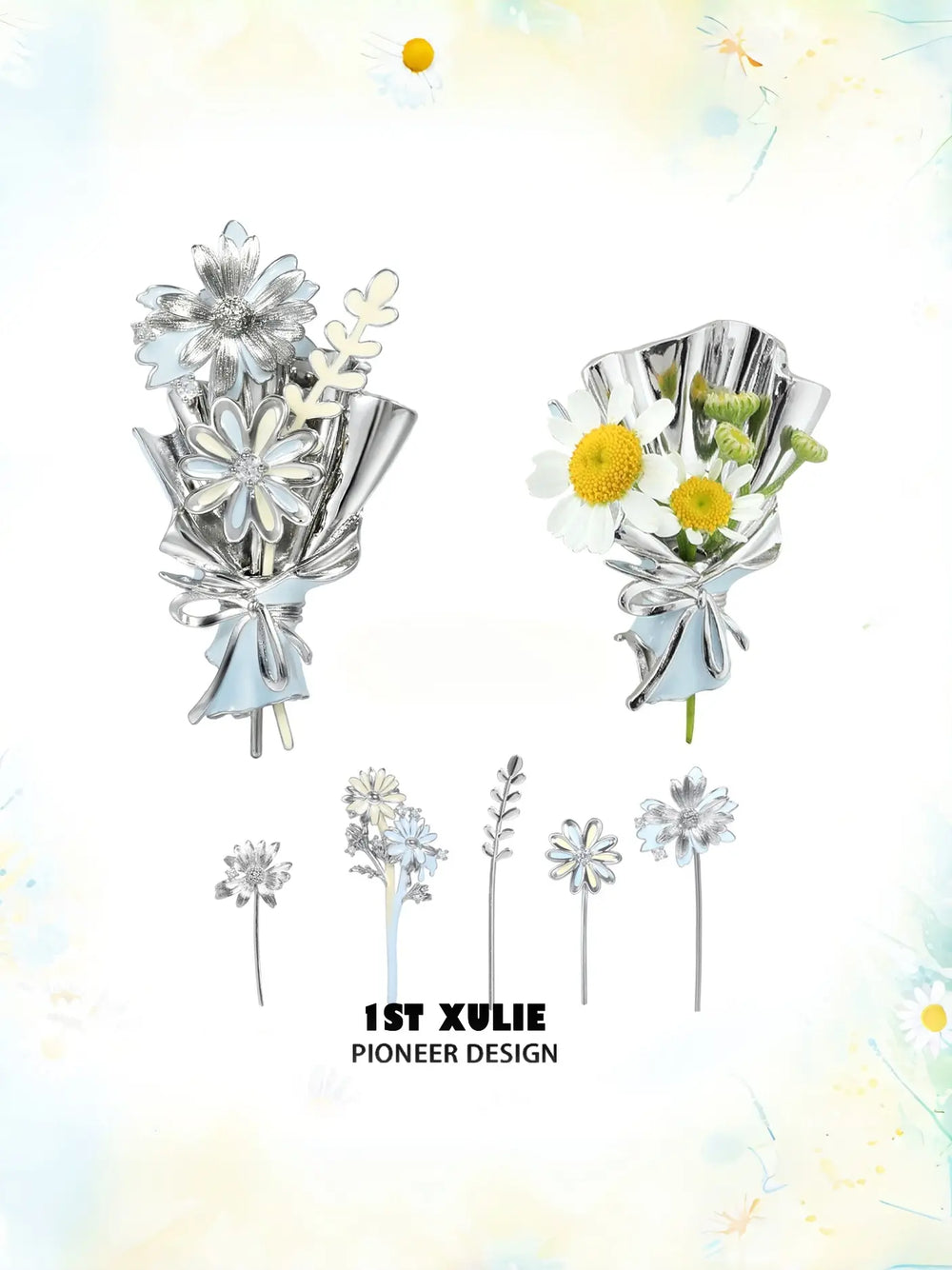 1ST XULIE Jewelry "DAISY" Enamel Daisy Brooch in Brass - Back View