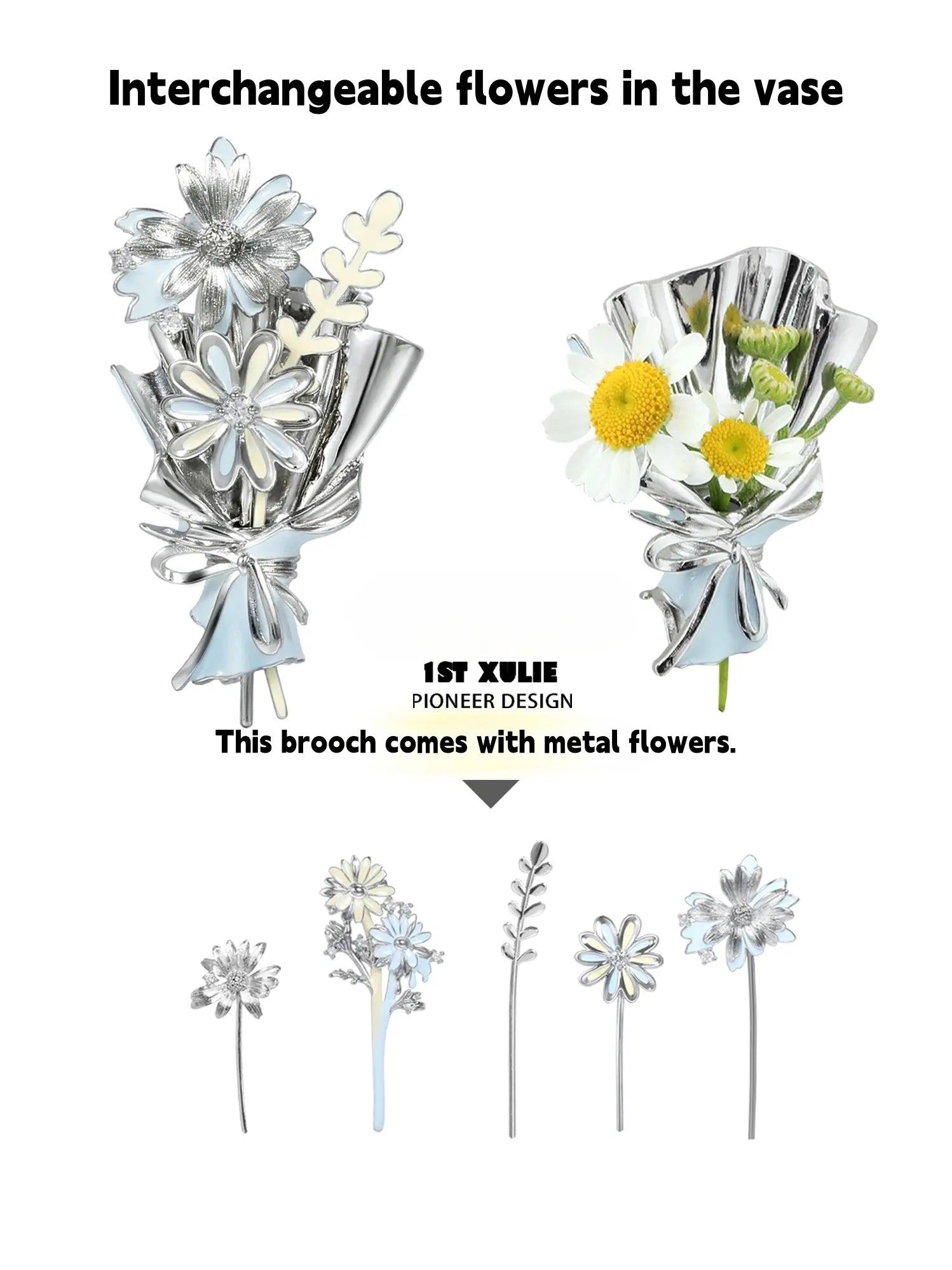 1ST XULIE Jewelry "DAISY" Enamel Daisy Brooch in Brass - Lifestyle Shot