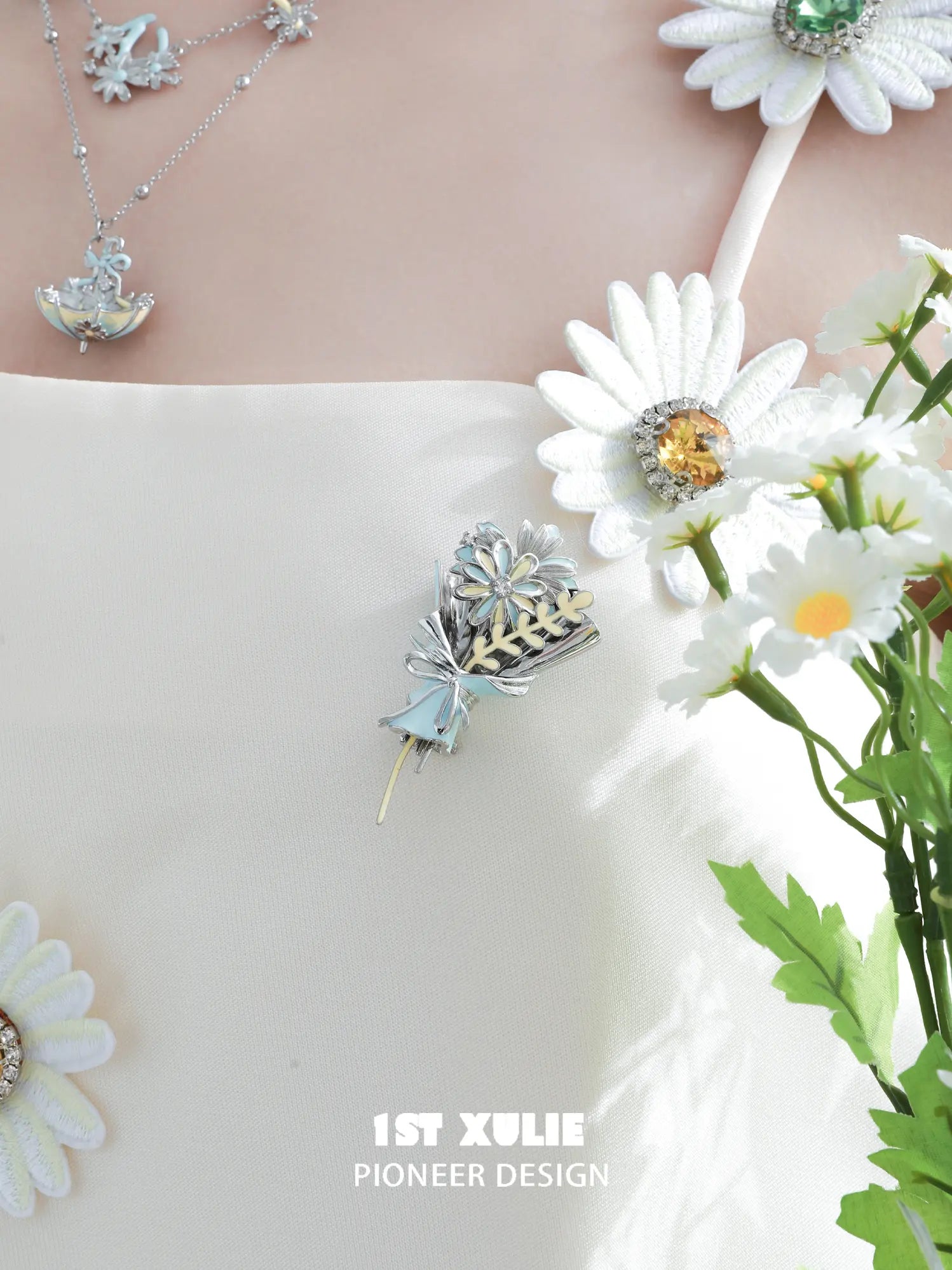 1ST XULIE Jewelry "DAISY" Enamel Daisy Brooch in Brass - On Model