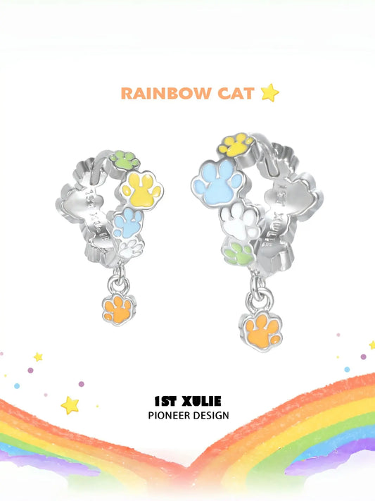 1ST XULIE Jewelry "RAINBOW CAT" Enamel Rainbow Cat Paw Drop Hoop Earrings in Rhodium Plated - Angle 1