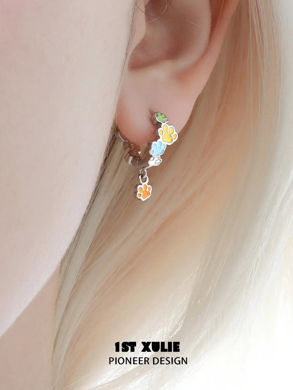 1ST XULIE Jewelry "RAINBOW CAT" Enamel Rainbow Cat Paw Drop Hoop Earrings in Rhodium Plated - Angle 2