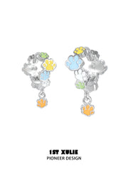 1ST XULIE Jewelry "RAINBOW CAT" Enamel Rainbow Cat Paw Drop Hoop Earrings in Rhodium Plated - Back View