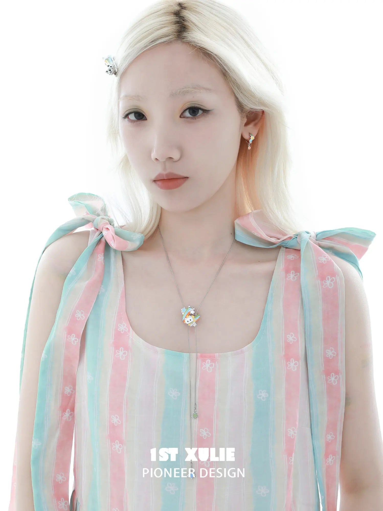 1ST XULIE Jewelry "RAINBOW CAT" Enamel Rainbow Cat Paw Drop Hoop Earrings in Rhodium Plated - Side View
