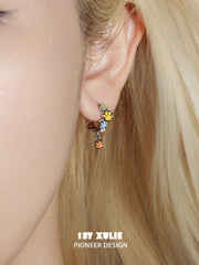 1ST XULIE Jewelry "RAINBOW CAT" Enamel Rainbow Cat Paw Drop Hoop Earrings in Rhodium Plated - Texture Detail