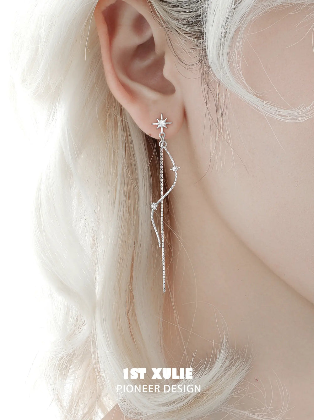 1ST XULIE Jewelry "Silver Angel" Four-Point Star Tassel Dangle Earrings in 925 Sterling Silver - Angle 1