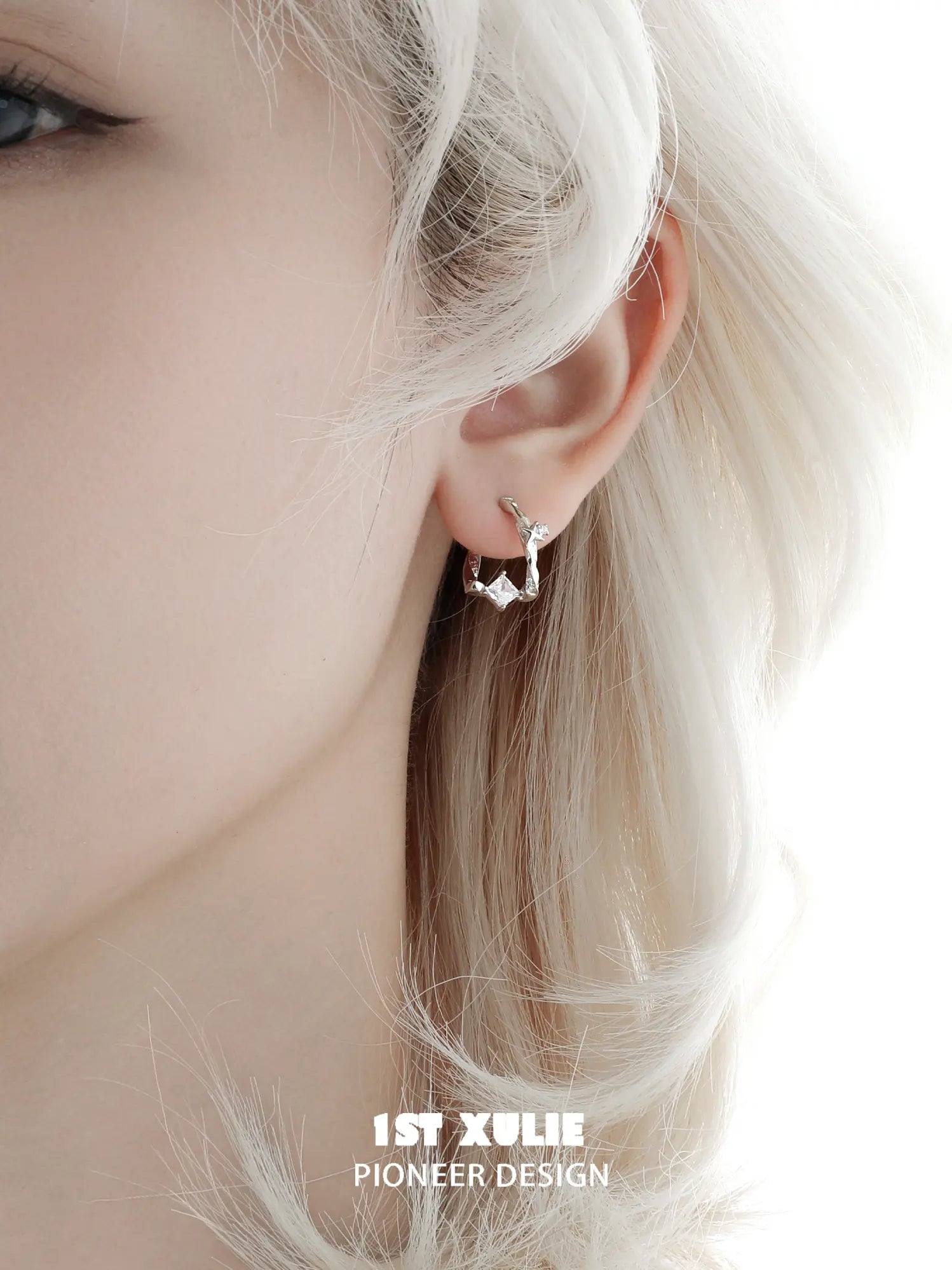 1ST XULIE Jewelry "Silver Angel" Four-Pointed Star Huggie Earrings in 925 Sterling Silver - On Model