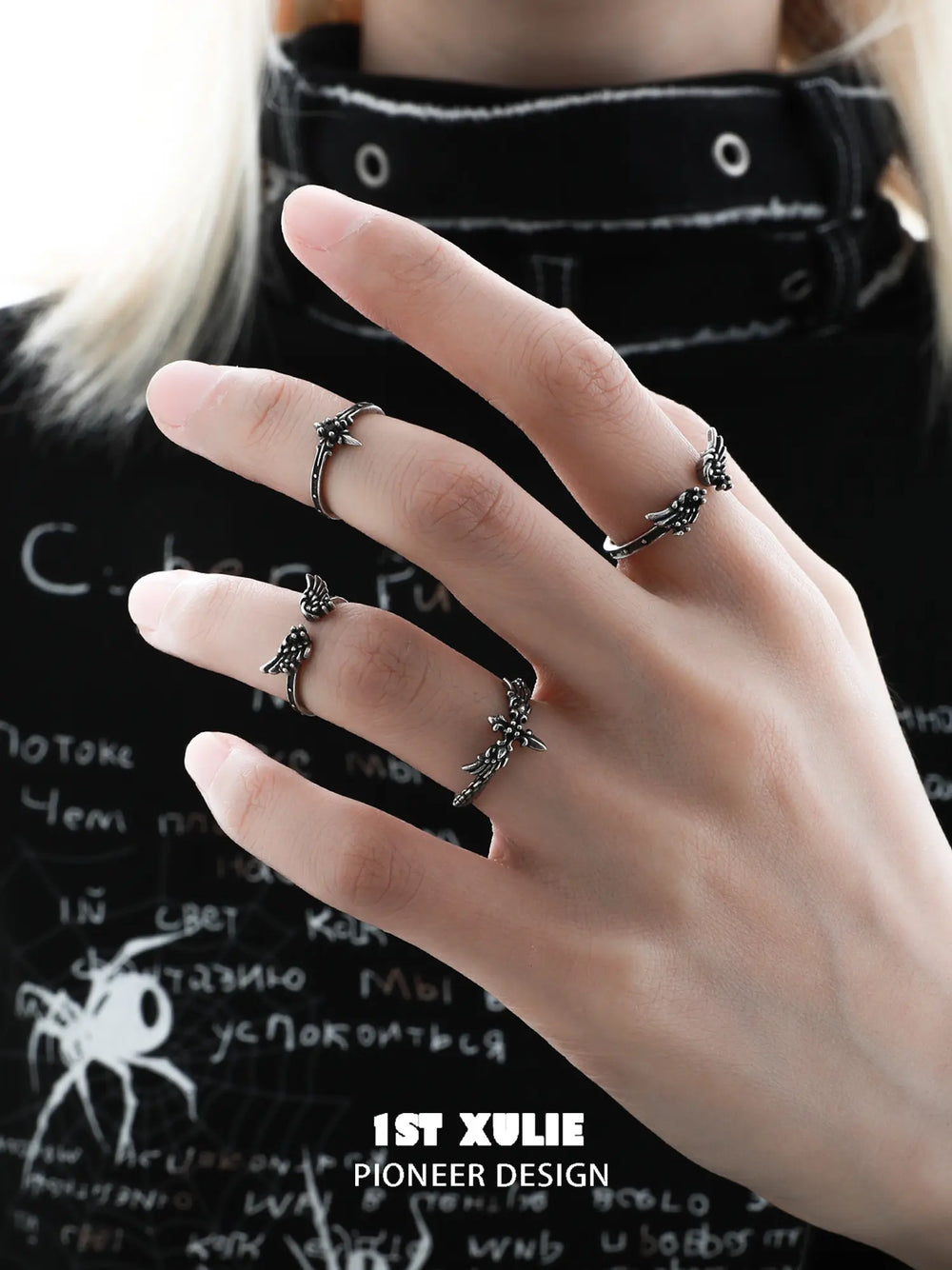 1ST XULIE Jewelry "FALLEN ANGEL" Gothic Dark Angel Statement Open Stackable Ring in 925 Sterling Silver - Detail Shot