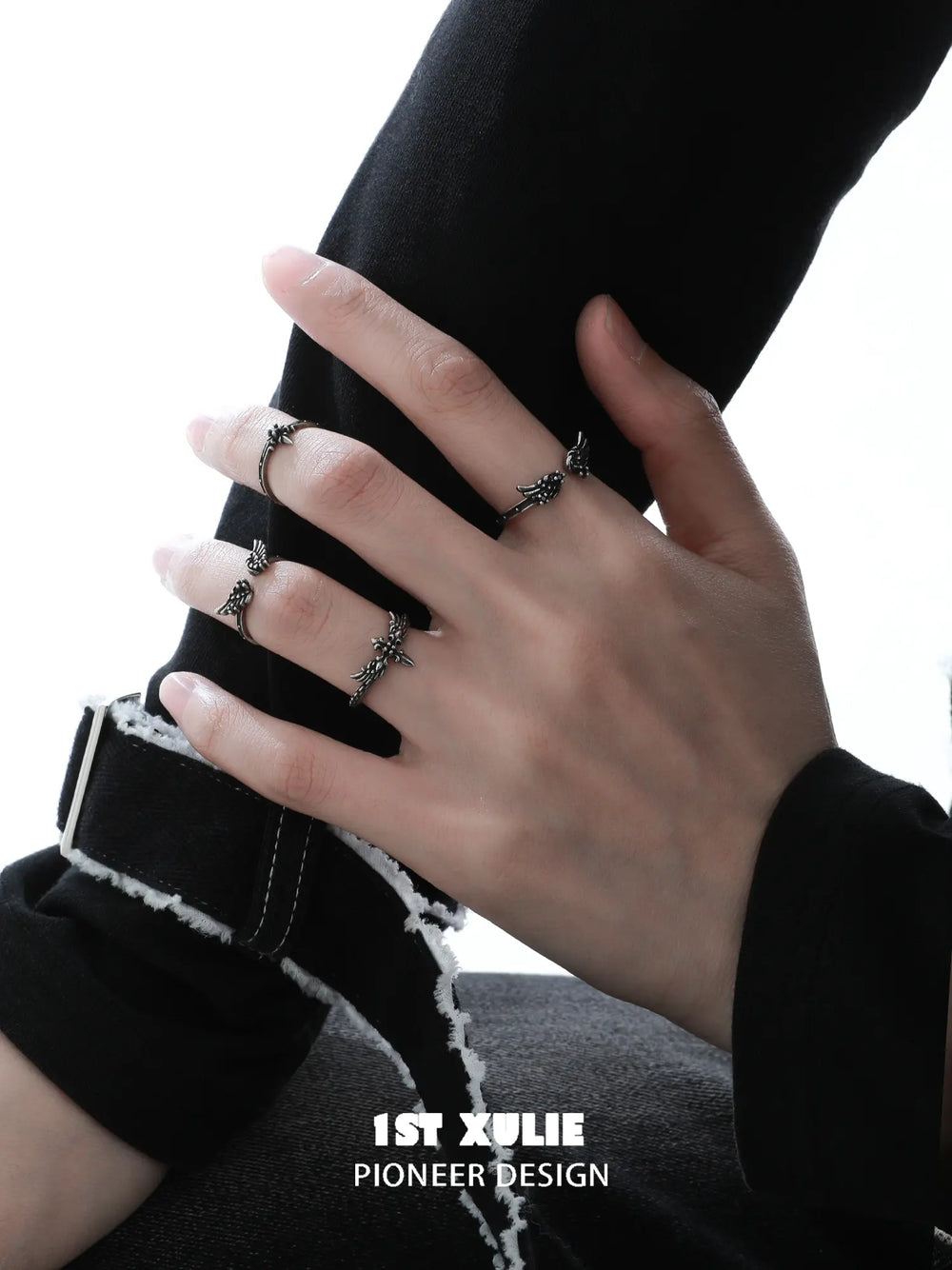1ST XULIE Jewelry "FALLEN ANGEL" Gothic Dark Angel Statement Open Stackable Ring in 925 Sterling Silver - On Model