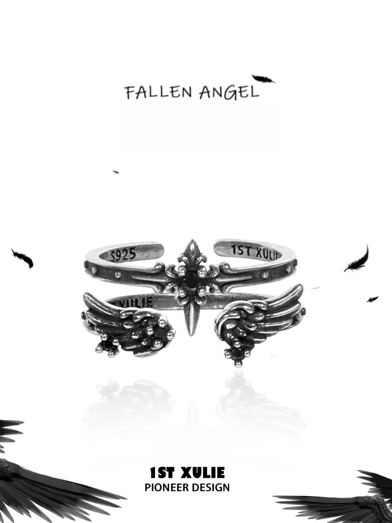 1ST XULIE Jewelry "FALLEN ANGEL" Gothic Dark Angel Statement Open Stackable Ring in 925 Sterling Silver - On Model Close-up