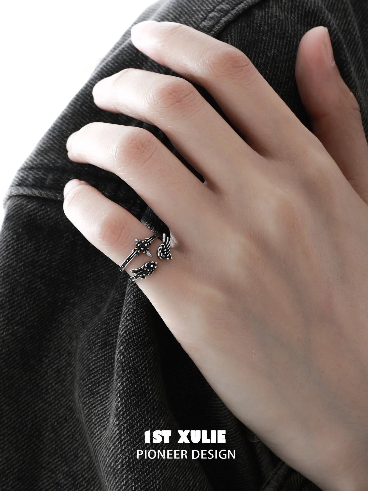 1ST XULIE Jewelry "FALLEN ANGEL" Gothic Dark Angel Statement Open Stackable Ring in 925 Sterling Silver - Texture Detail