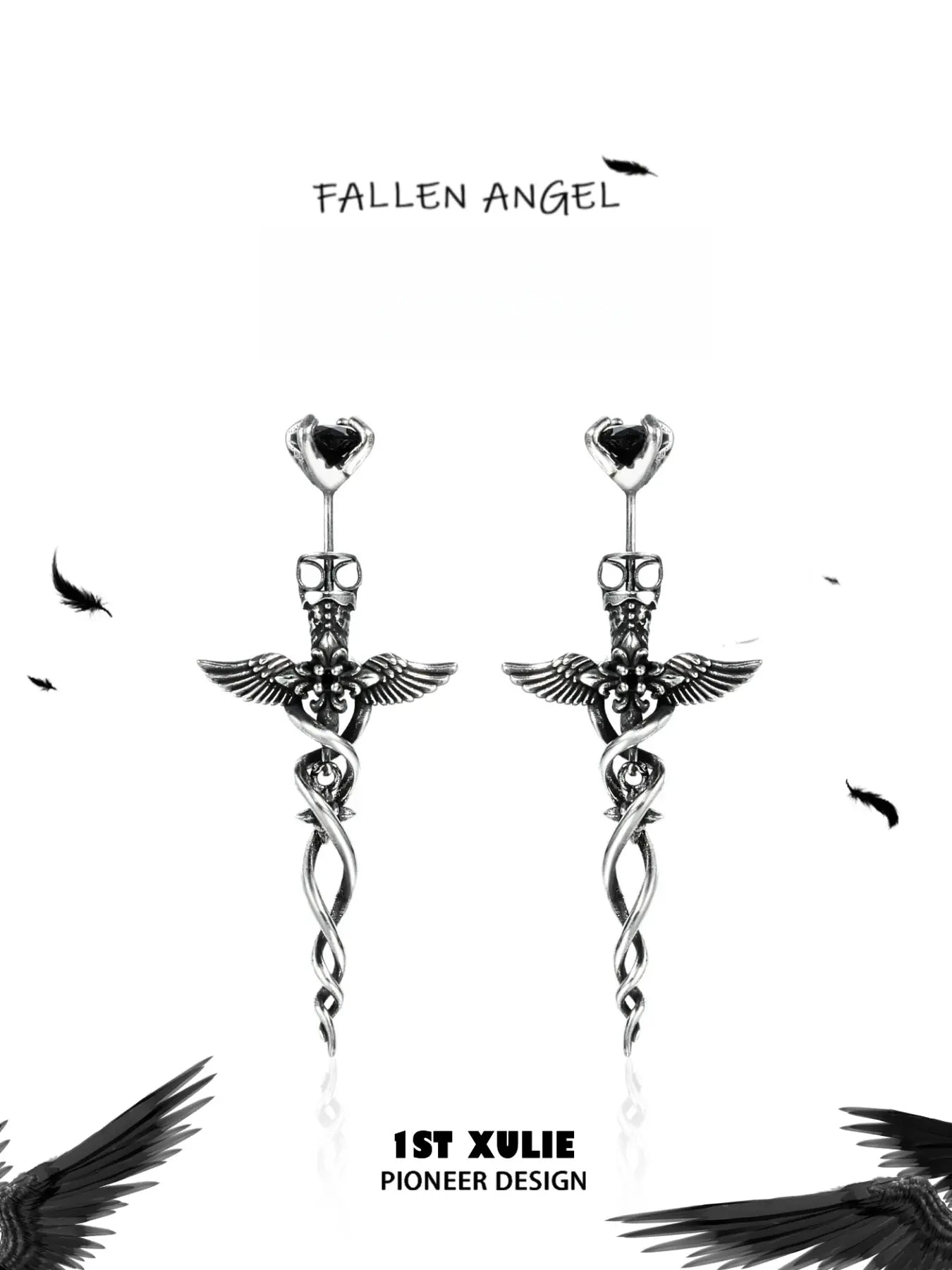 1ST XULIE Jewelry "FALLEN ANGEL" Gothic Fallen Angel Drop Earrings in Vintage Silver Plated - Back View