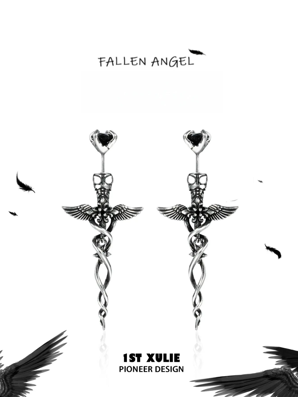 1ST XULIE Jewelry "FALLEN ANGEL" Gothic Fallen Angel Drop Earrings in Vintage Silver Plated - Back View