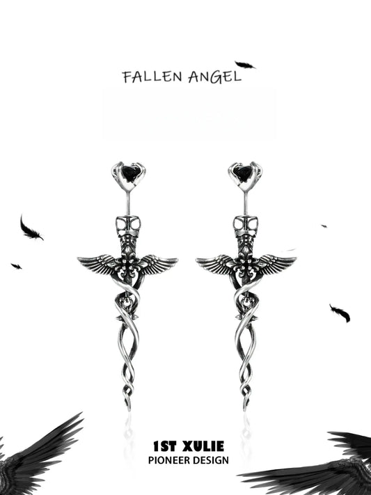 1ST XULIE Jewelry "FALLEN ANGEL" Gothic Fallen Angel Drop Earrings in Vintage Silver Plated - Back View