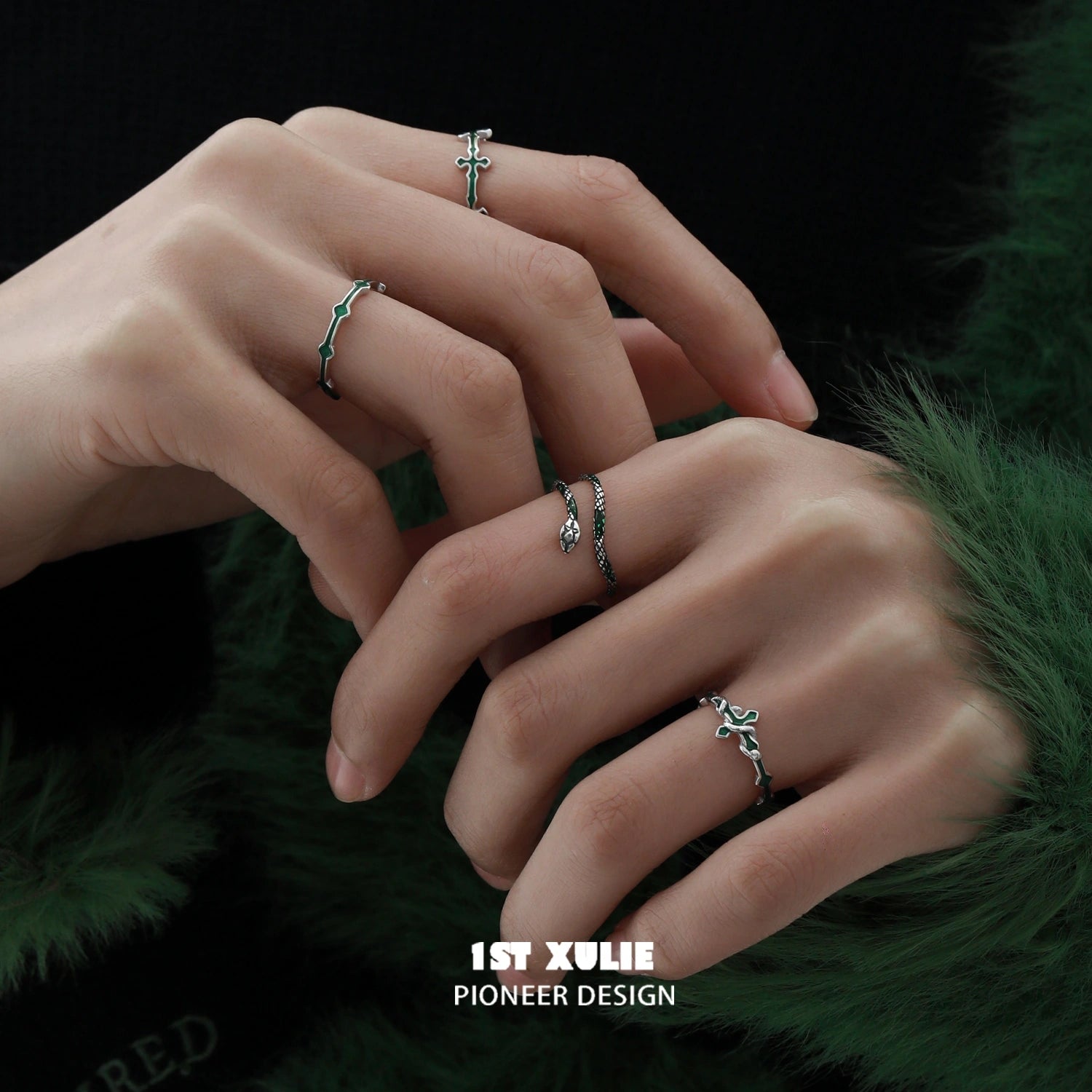 1ST XULIE "Snake Bite" Gothic Snake and Cross Stacking Rings in 925 Sterling Silver - Side View
