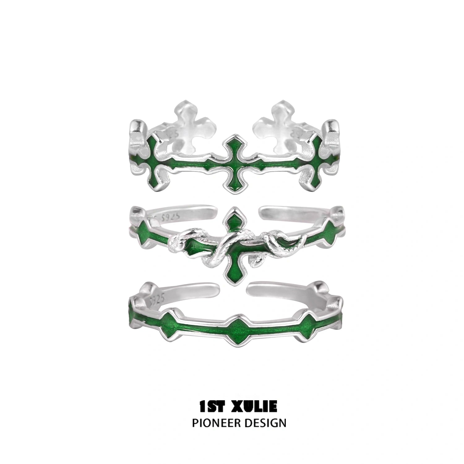 1ST XULIE "Snake Bite" Gothic Snake and Cross Stacking Rings in 925 Sterling Silver - Product View