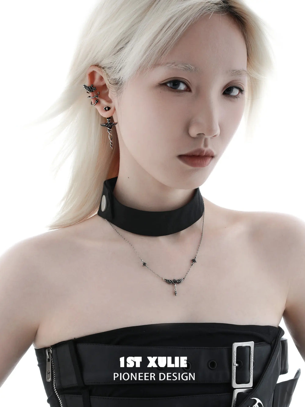 1ST XULIE Jewelry "FALLEN ANGEL" Gothic Wing Statement Pendant Necklace in Vintage Silver Plated Brass - Detail Shot