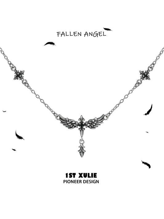 1ST XULIE Jewelry "FALLEN ANGEL" Gothic Wing Statement Pendant Necklace in Vintage Silver Plated Brass - Lifestyle Shot