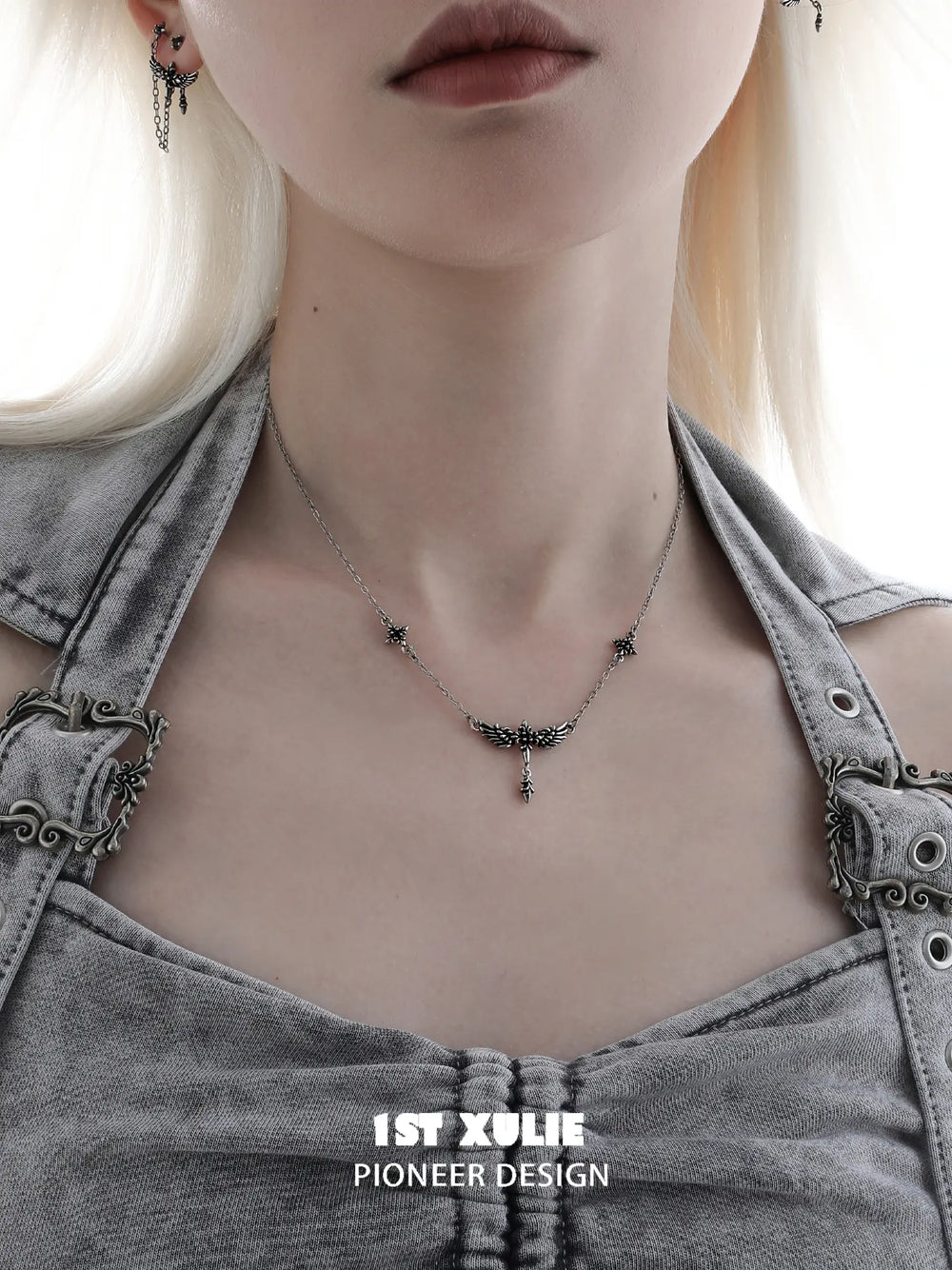 1ST XULIE Jewelry "FALLEN ANGEL" Gothic Wing Statement Pendant Necklace in Vintage Silver Plated Brass - Product View