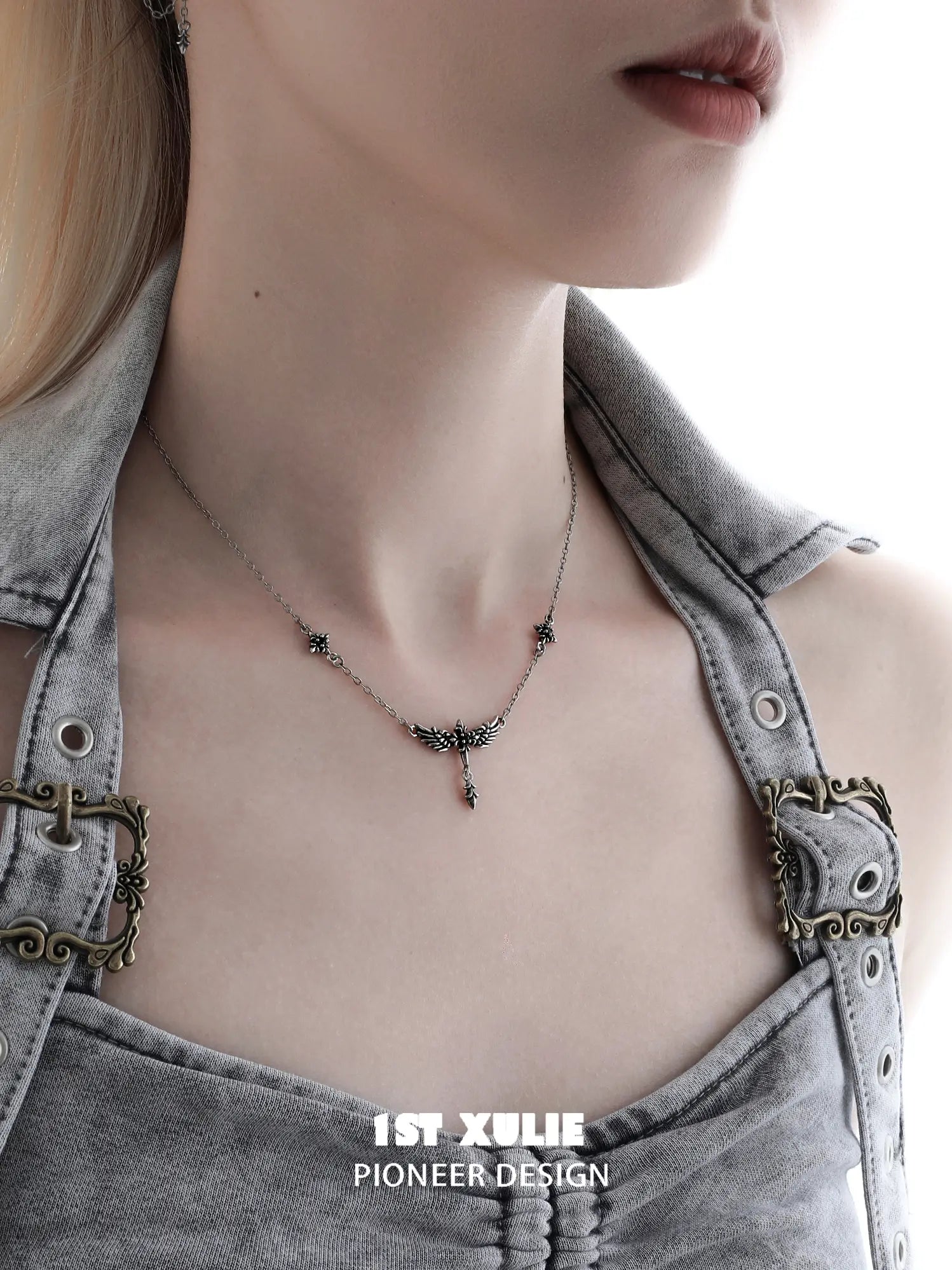 1ST XULIE Jewelry "FALLEN ANGEL" Gothic Wing Statement Pendant Necklace in Vintage Silver Plated Brass - On Model