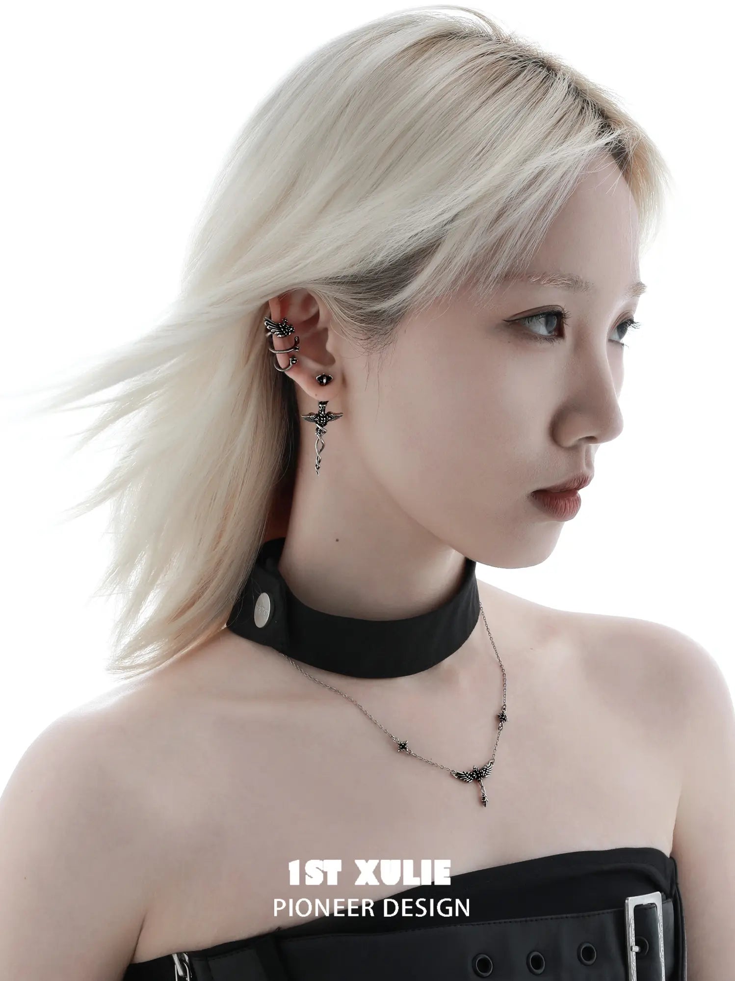 1ST XULIE Jewelry "FALLEN ANGEL" Gothic Wing Statement Pendant Necklace in Vintage Silver Plated Brass - Side View