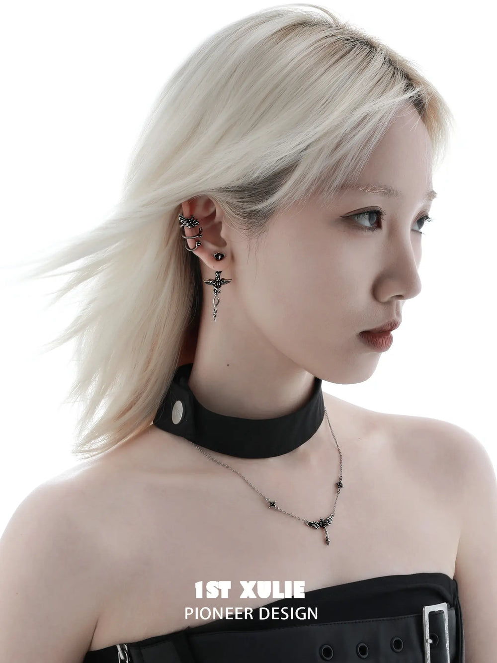 1ST XULIE Jewelry "FALLEN ANGEL" Gothic Wing Statement Pendant Necklace in Vintage Silver Plated Brass - Side View