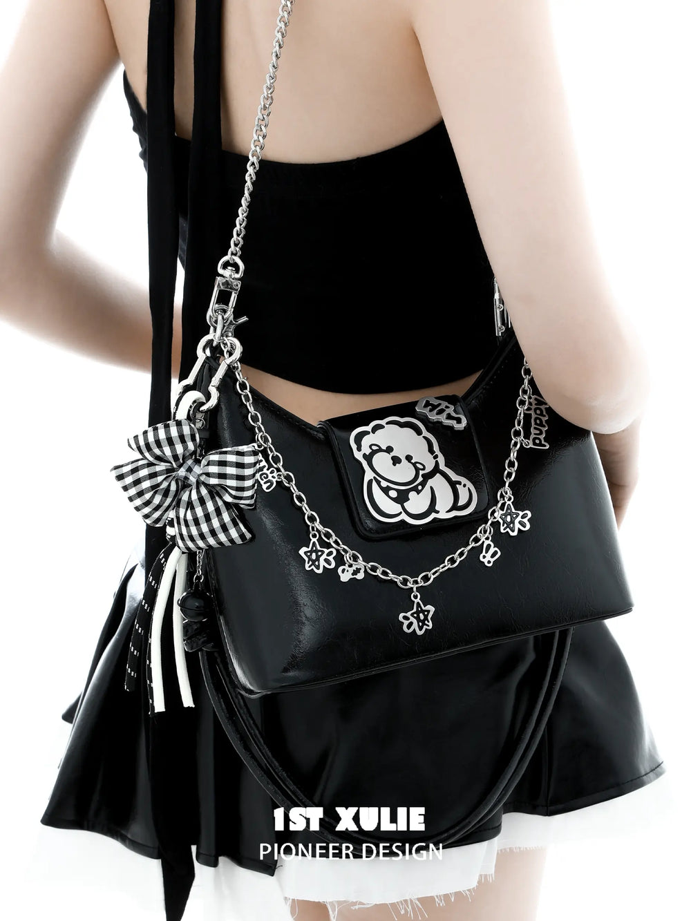 1ST XULIE "Angel Cuties" Graffiti Puppy Statement Tote & Crossbody Bag in Premium PU Leather - Texture Detail