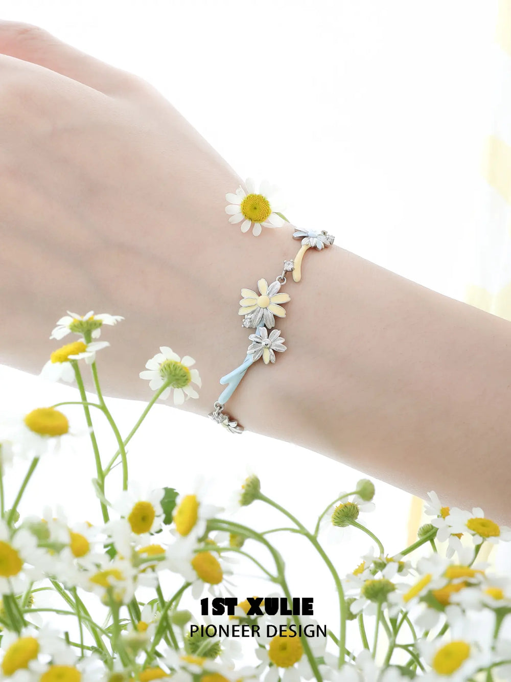 1ST XULIE Jewelry "DAISY" Handcrafted Enamel Daisy Charm Bracelet in Jeweler's Brass - Angle 1