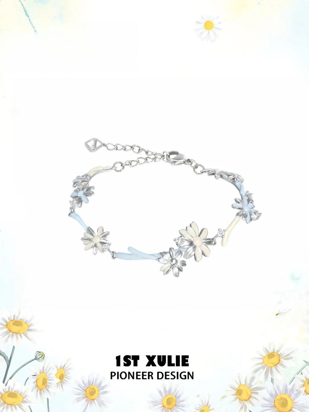 1ST XULIE Jewelry "DAISY" Handcrafted Enamel Daisy Charm Bracelet in Jeweler's Brass - Product View