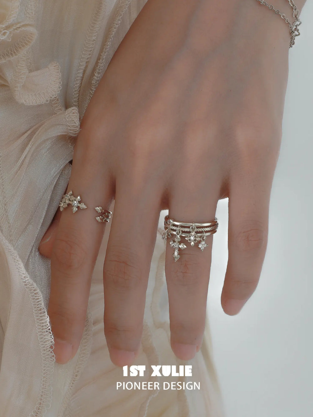 1ST XULIE Jewelry "Bastet" Iris Dangle Adjustable Ring in 18K Gold Plated - Lifestyle Shot