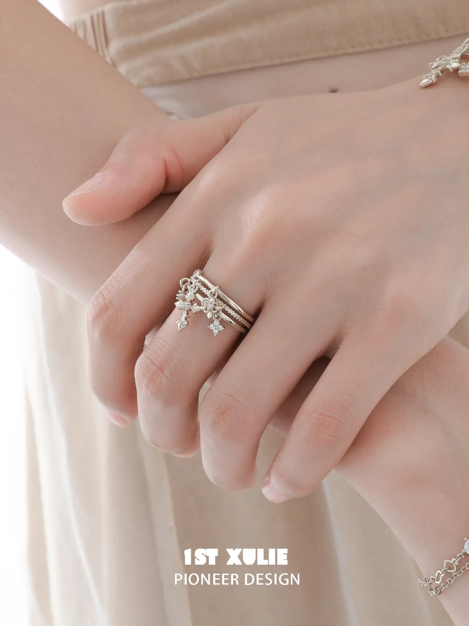 1ST XULIE Jewelry "Bastet" Iris Dangle Adjustable Ring in 18K Gold Plated - On Model Close Up