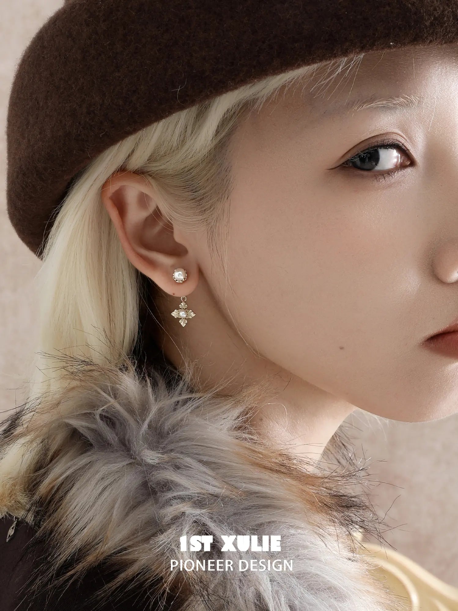 1ST XULIE Jewelry "Bastet" Statement Iris Pearl Drop Dangle Earrings in 18K Gold Plated - Angle View 1