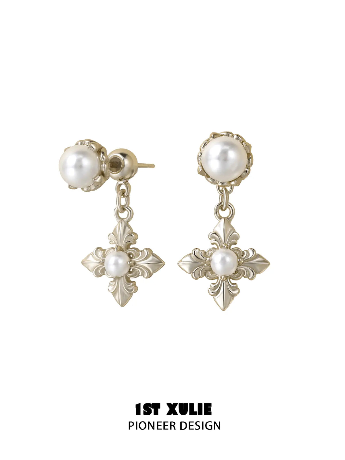 1ST XULIE Jewelry "Bastet" Statement Iris Pearl Drop Dangle Earrings in 18K Gold Plated - Back View