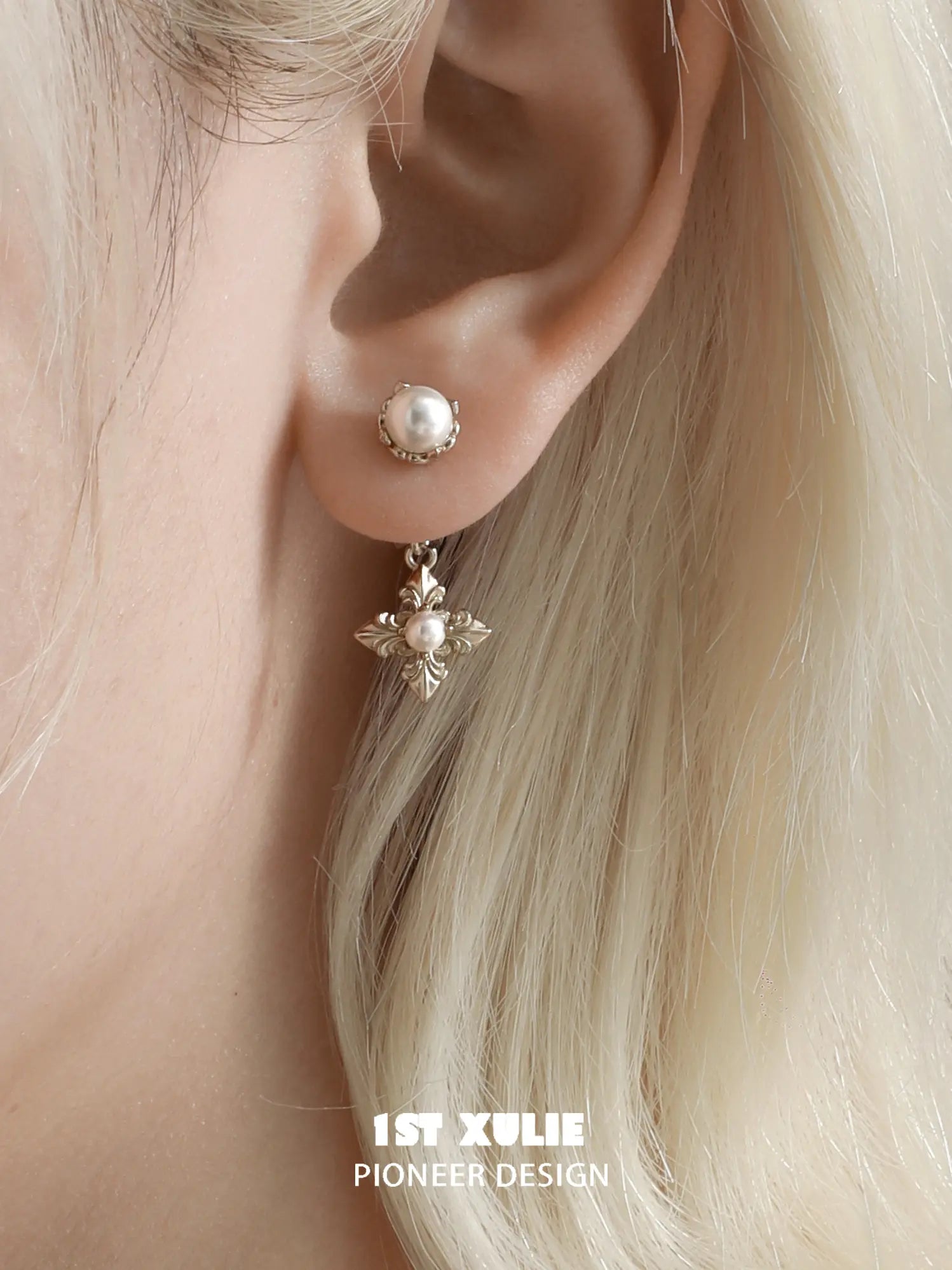 1ST XULIE Jewelry "Bastet" Statement Iris Pearl Drop Dangle Earrings in 18K Gold Plated - Product View