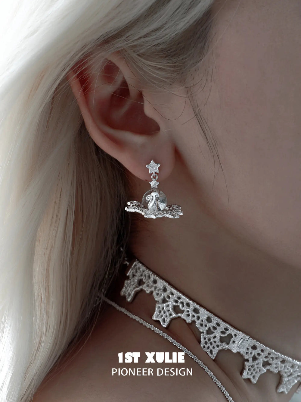 1ST XULIE Jewelry "STARLIGHT LACE" Rococo Kitten Crystal Ball Statement Dangle Earrings in Silver Plated Brass - Angle 1