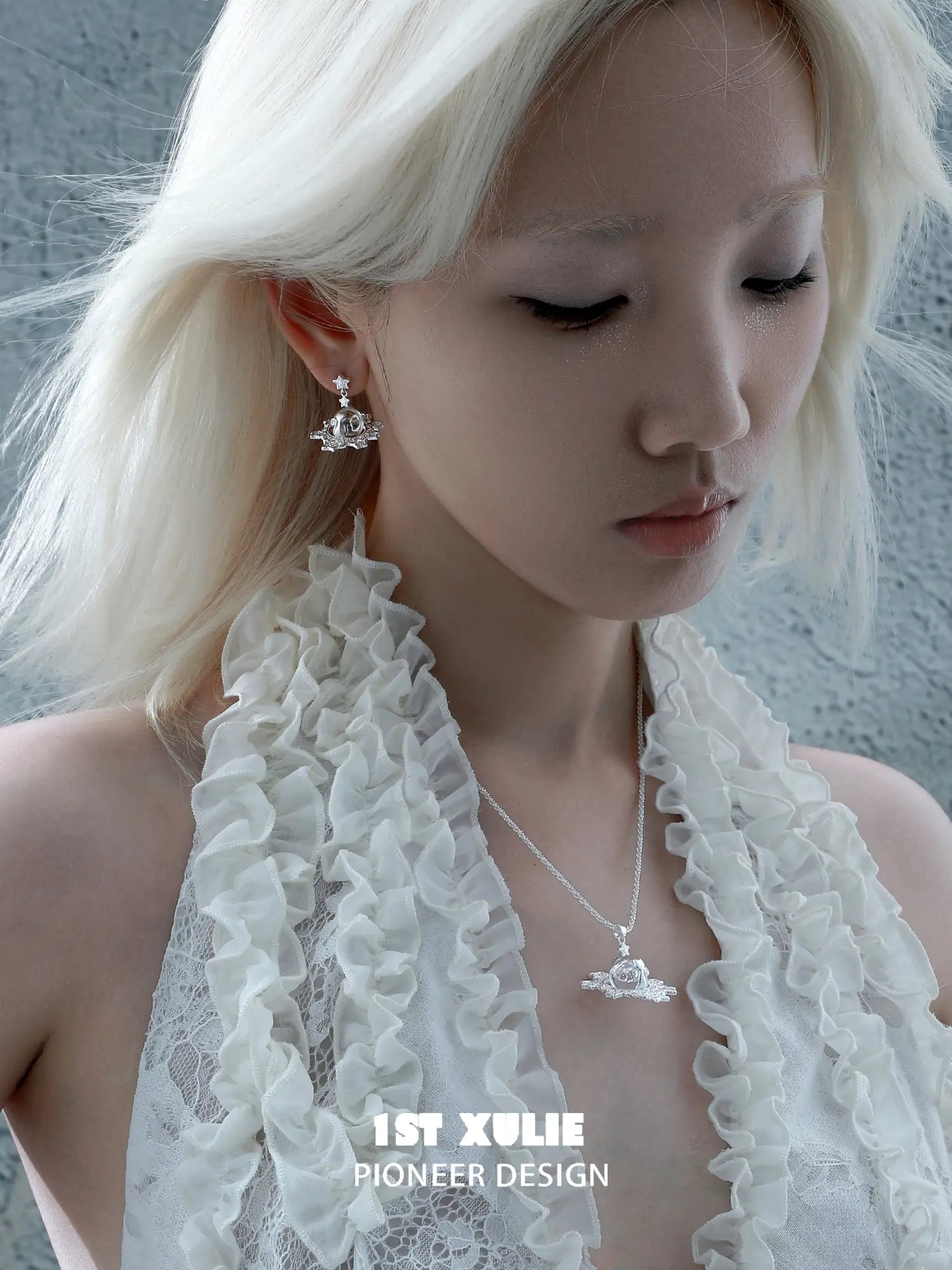 1ST XULIE Jewelry "STARLIGHT LACE" Rococo Kitten Crystal Ball Statement Dangle Earrings in Silver Plated Brass - Detail Shot
