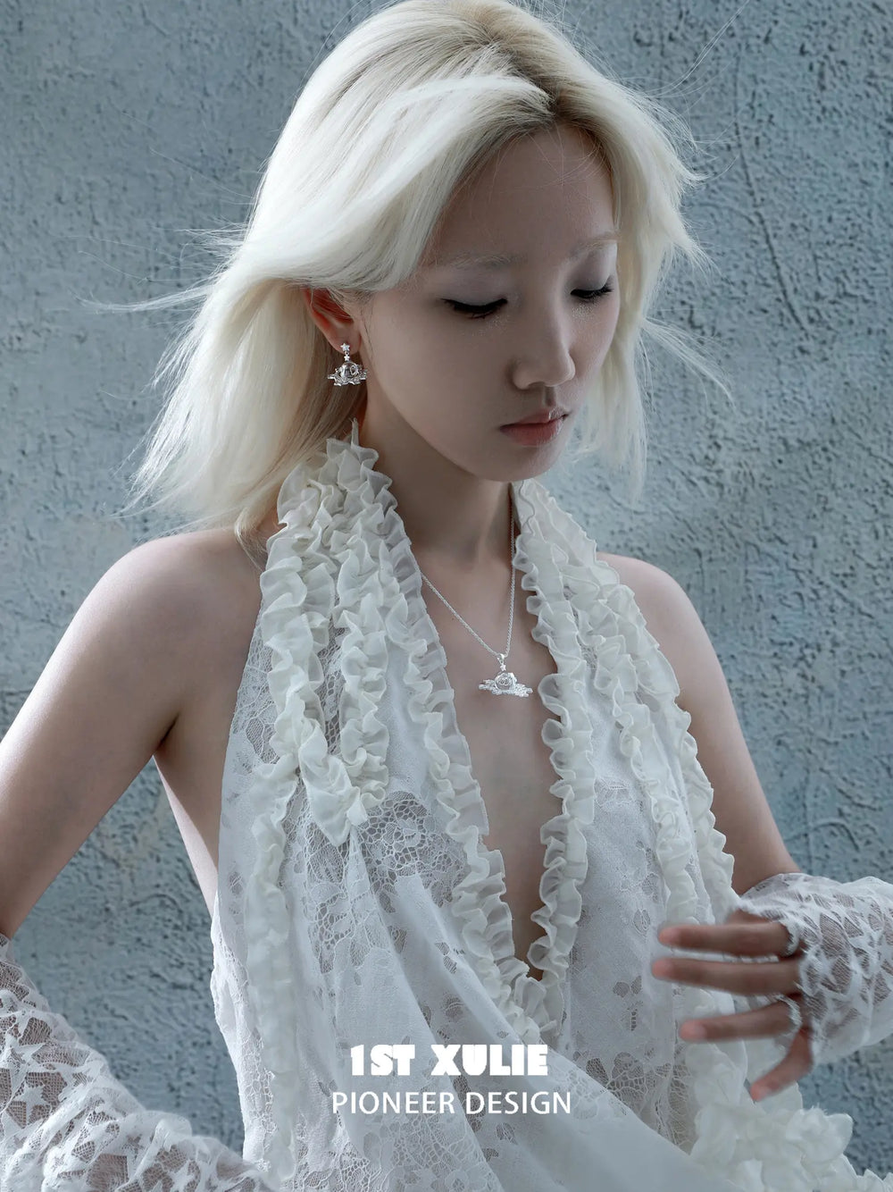 1ST XULIE Jewelry "STARLIGHT LACE" Rococo Kitten Crystal Ball Statement Dangle Earrings in Silver Plated Brass - On Model