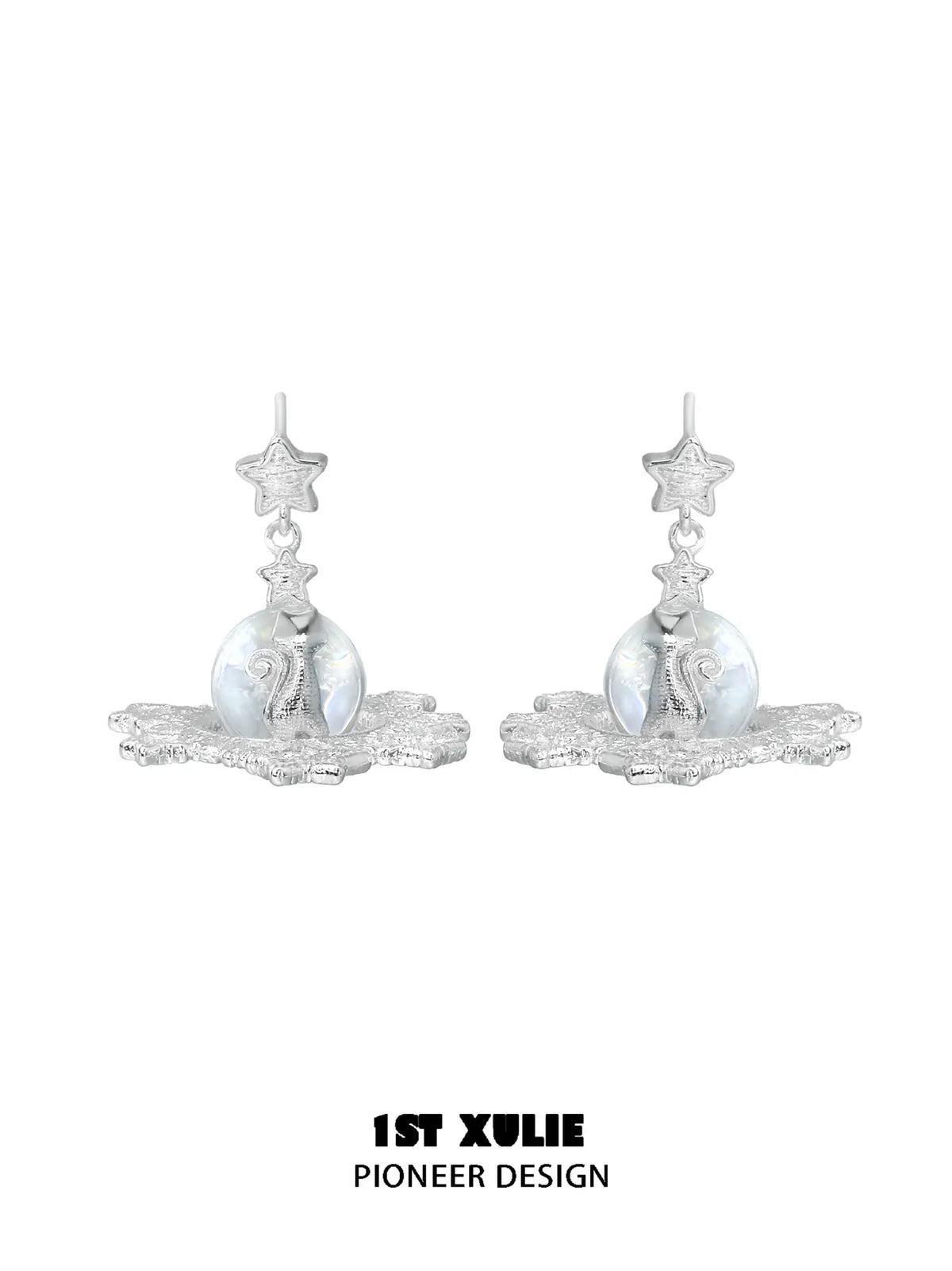 1ST XULIE Jewelry "STARLIGHT LACE" Rococo Kitten Crystal Ball Statement Dangle Earrings in Silver Plated Brass - Packaging View