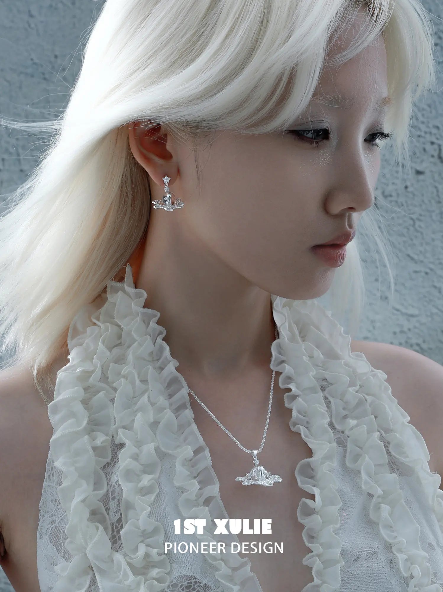1ST XULIE Jewelry "STARLIGHT LACE" Rococo Kitten Crystal Ball Statement Dangle Earrings in Silver Plated Brass - Texture